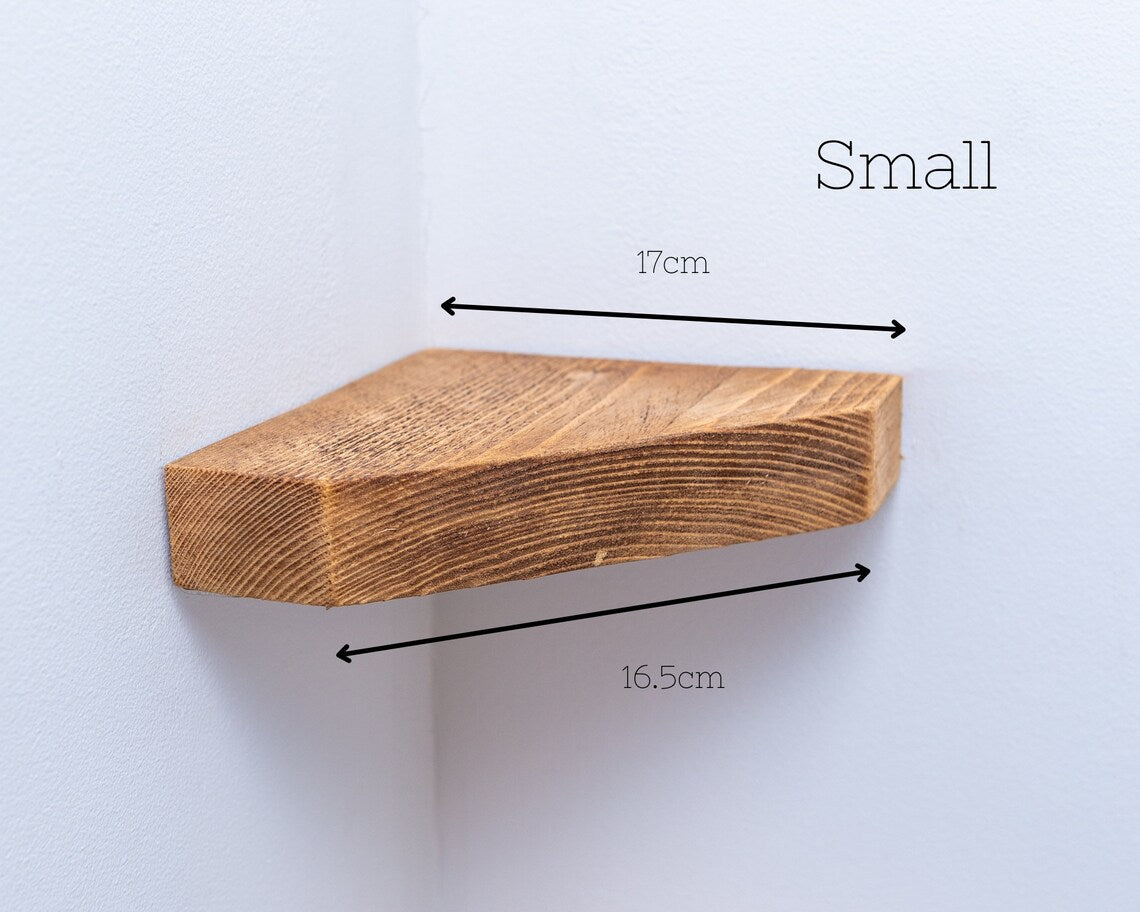Handmade diamond-shaped wooden corner shelves, made in the UK.